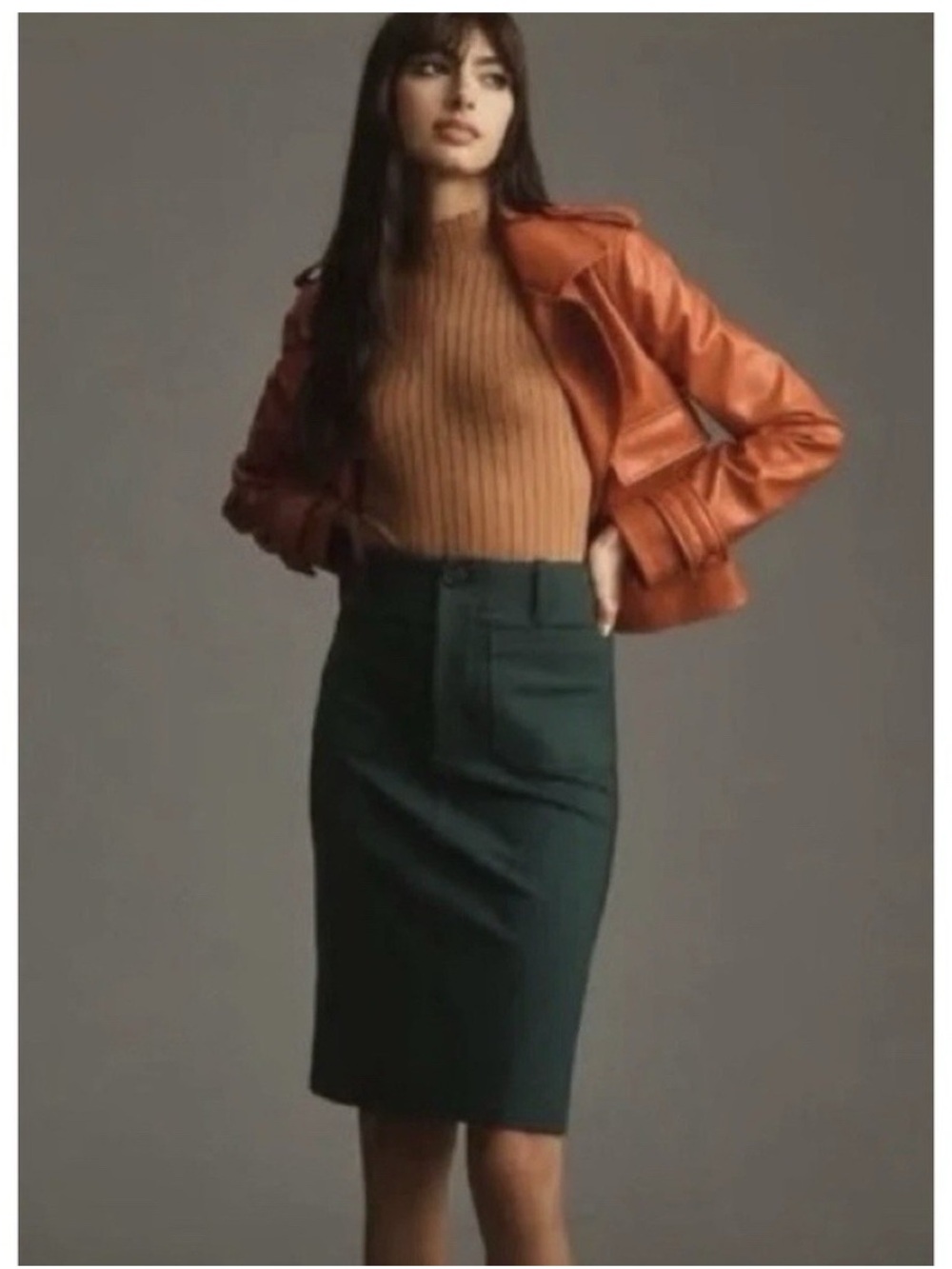 ANTHROPOLOGIE Maeve Colette Skirt Green‎ Pencil Patch Pocket Stretch Classic XXS